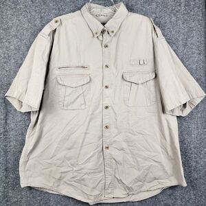 Cabelas Safari Fishing Shirt Mens 2XL Tan Short Sleeve Cotton Utility Button Up